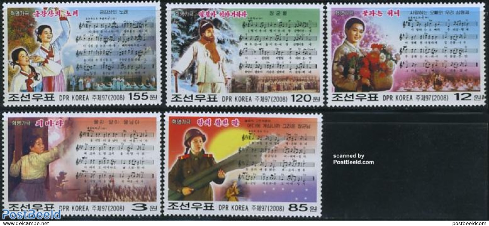 Korea, North 2008 Revolutionary Songs 5v, Mint NH, Performance Art - Music - Staves - Musique