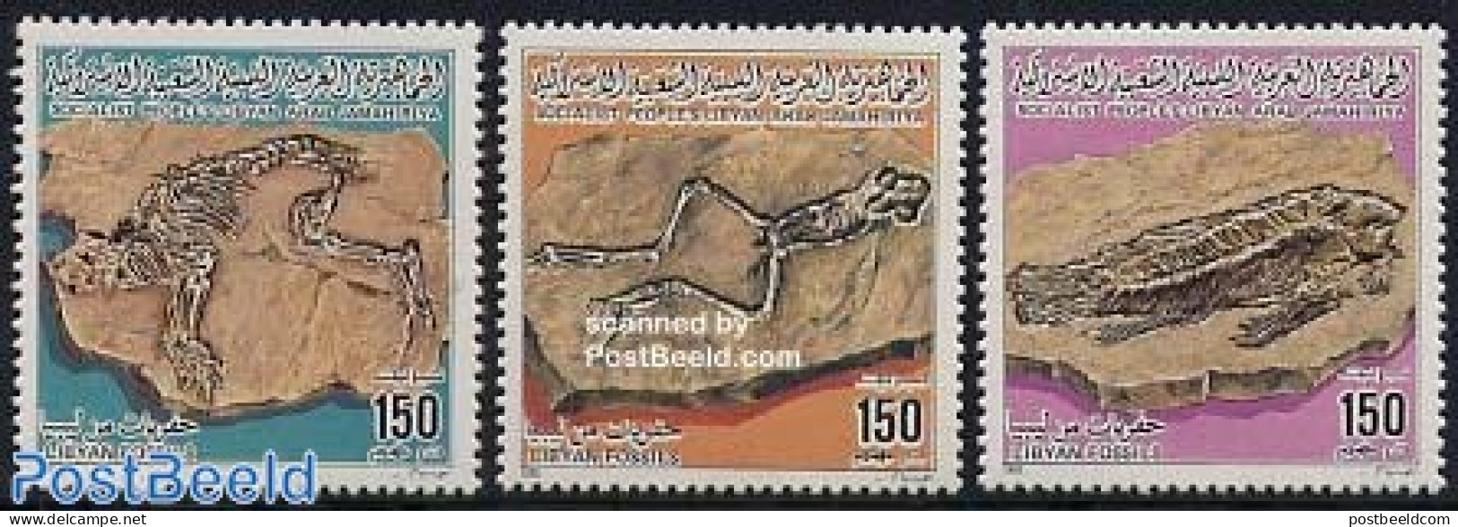 Libya Kingdom 1985 Fossiles 3v, Mint NH, History - Nature - Geology - Prehistoric Animals - Préhistoriques