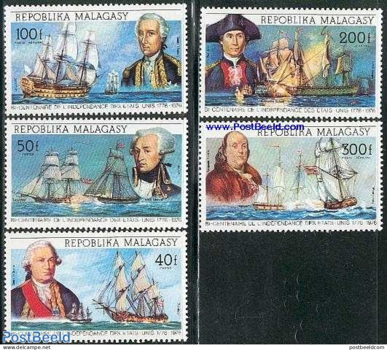 Madagascar 1975 US Bicentenary 5v, Mint NH, History - Transport - Various - US Bicentenary - Ships And Boats - Uniforms - Ships