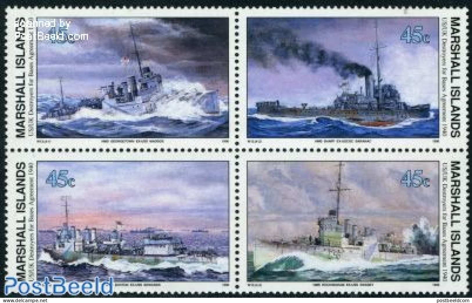 Marshall Islands 1990 US/UK Destroyers 4v [+], Mint NH, History - Transport - Militarism - World War II - Ships And Bo.. - Militares