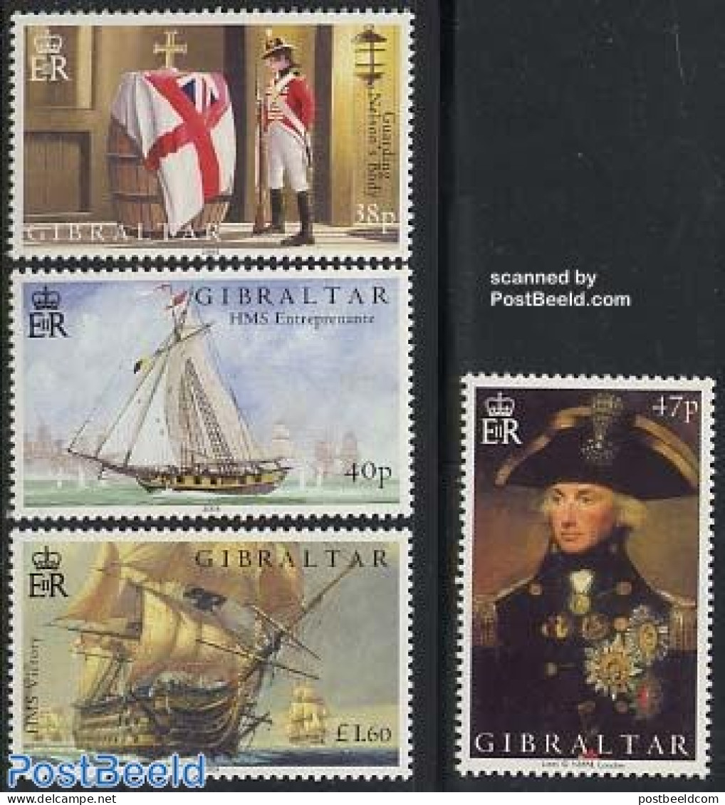 Gibraltar 2005 Battle Of Trafalgar 4v (real Wood In Ship), Mint NH, History - Transport - Various - Decorations - Flag.. - Militares