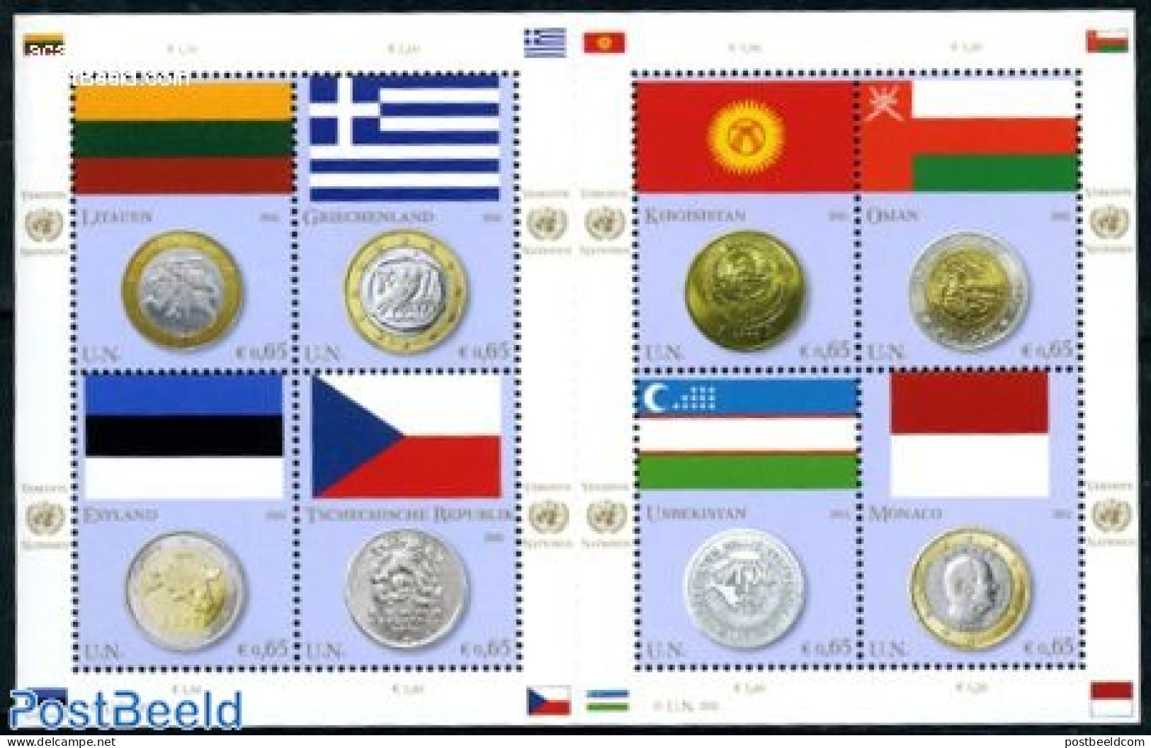 United Nations, Vienna 2011 Coins & Flags 8v M/s, Mint NH, History - Nature - Various - Flags - Horses - Owls - Money .. - Monete