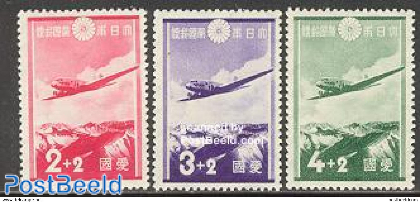 Japan 1937 National Air Fund 3v, Unused (hinged), Transport - Aircraft & Aviation - Nuovi