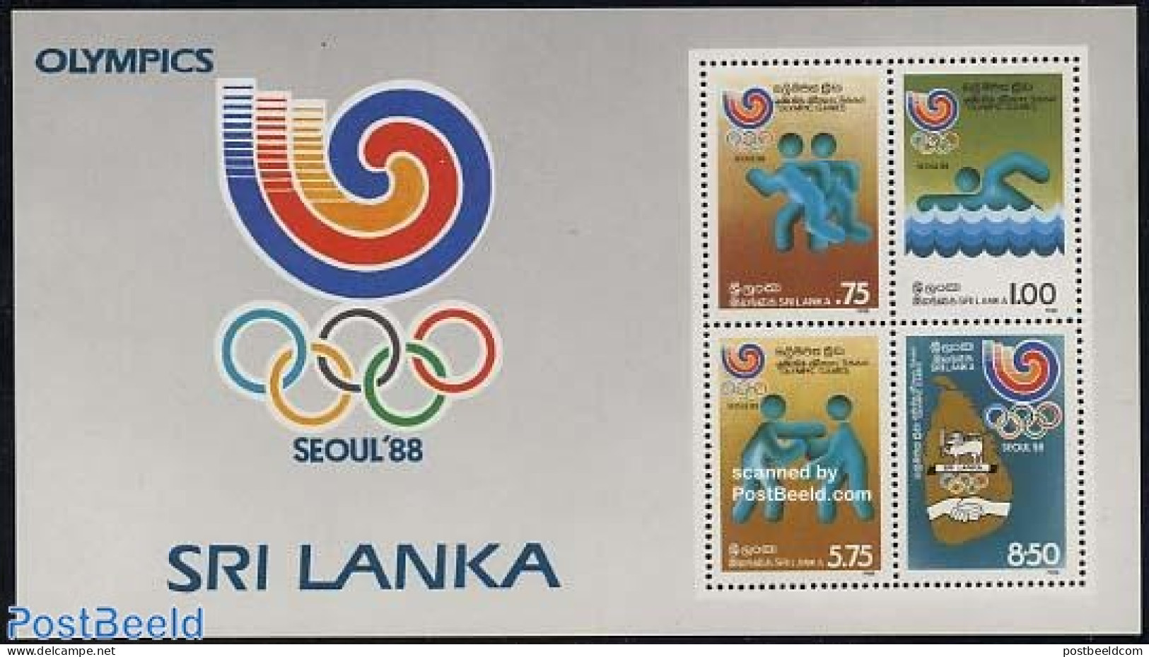 Sri Lanka (Ceylon) 1988 Olympic Games S/s, Mint NH, Sport - Various - Boxing - Olympic Games - Swimming - Maps - Boxing