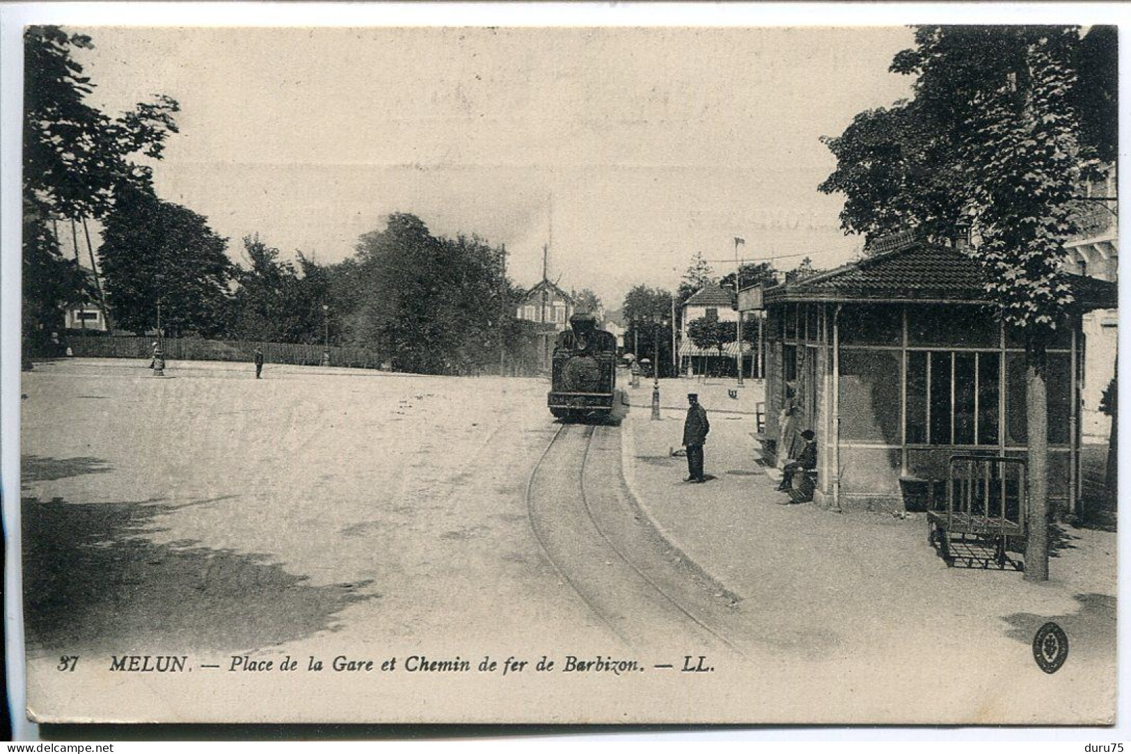 CPA Voyagé 1915 * MELUN Place De La Gare Et Chemin De Fer De Barbizon ( Train Locomotive Vapeur ) LL Editeur - Melun
