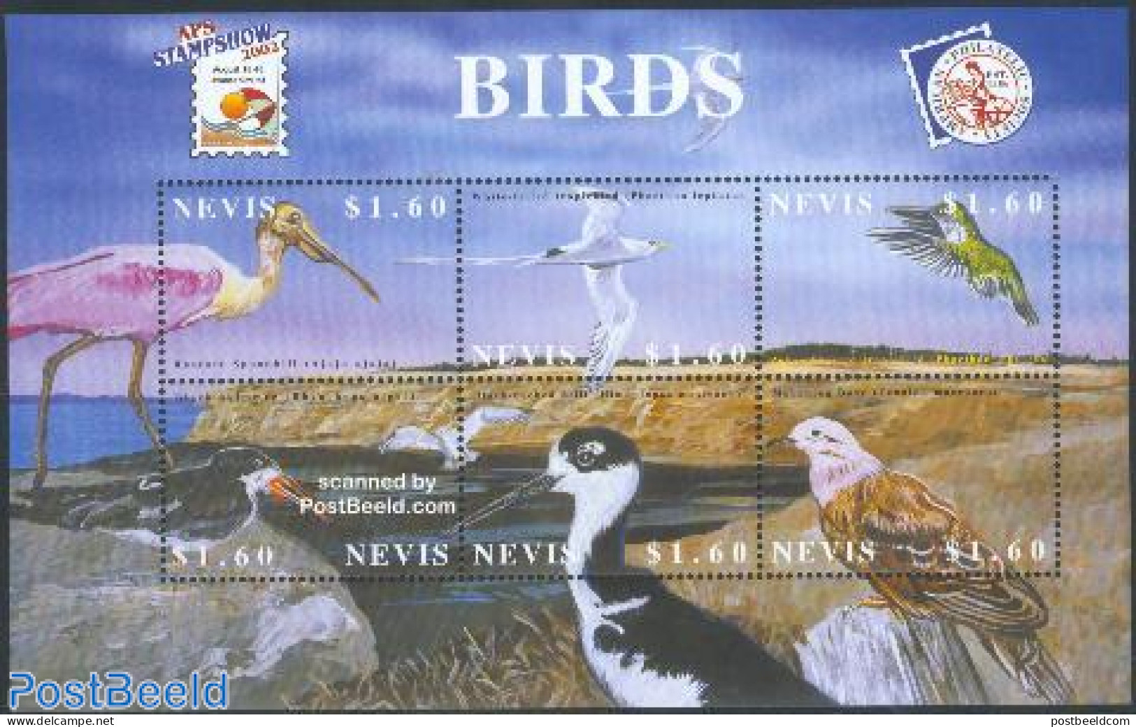 Nevis 2002 APS Show, Birds 6v M/s, Mint NH, Nature - Birds - Philately - St.Kitts Und Nevis ( 1983-...)