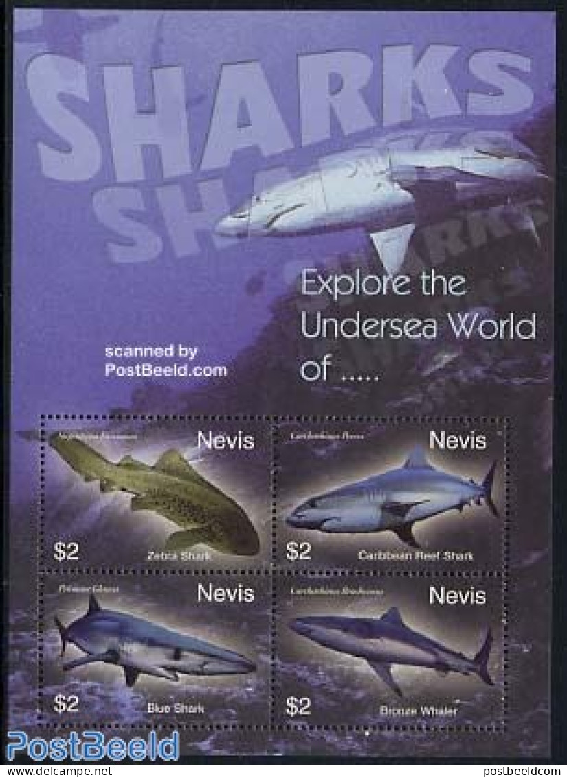 Nevis 2004 Sharks 4v M/s, Mint NH, Nature - Fish - Sharks - Fishes