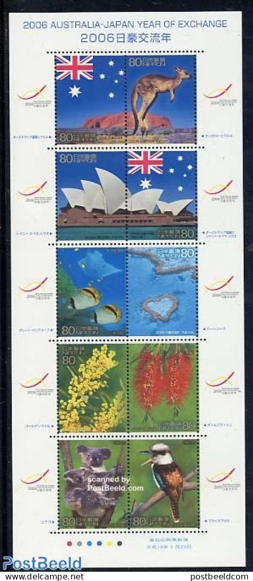 Japan 2006 Friendship With Australia 10v M/s, Mint NH, History - Nature - Flags - Animals (others & Mixed) - Birds - F.. - Unused Stamps