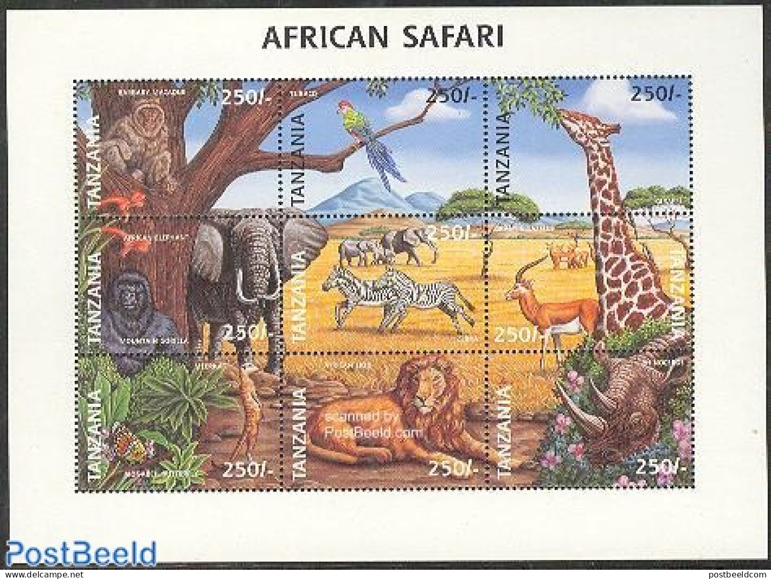 Tanzania 1997 African Safari 9v M/s, Mint NH, Nature - Animals (others & Mixed) - Birds - Butterflies - Cat Family - E.. - Tanzania (1964-...)