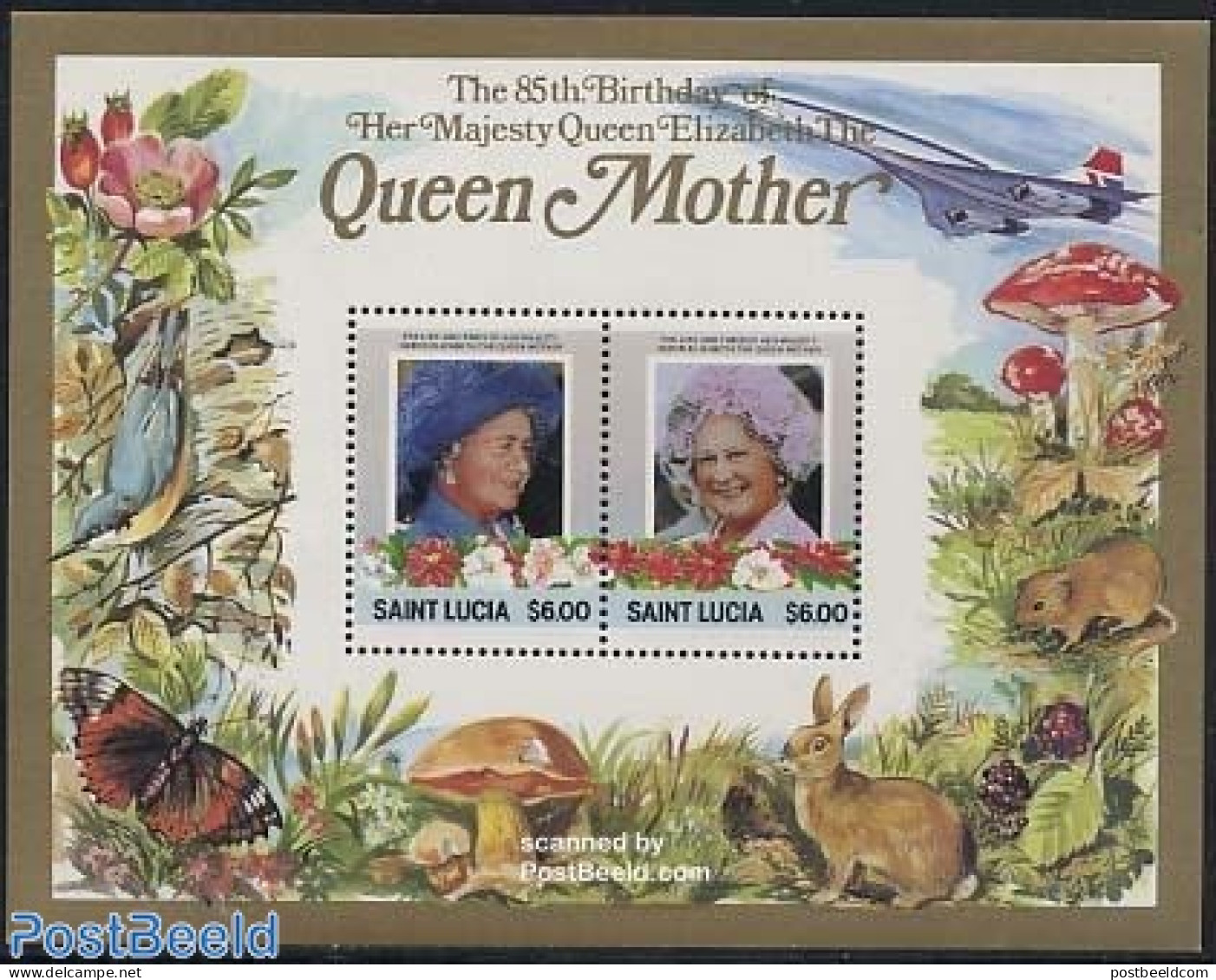 Saint Lucia 1985 Queen Mother S/s, Mint NH, History - Nature - Transport - Kings & Queens (Royalty) - Birds - Butterfl.. - Familles Royales