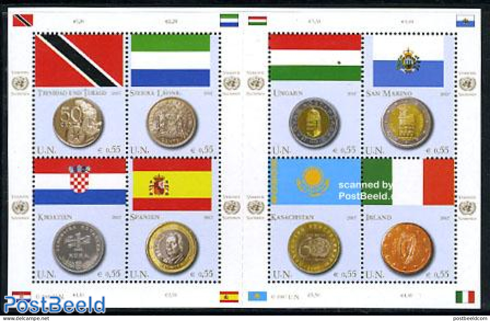 United Nations, Vienna 2007 Flags & Coins 8v M/s, Mint NH, History - Various - Flags - Money On Stamps - Monedas