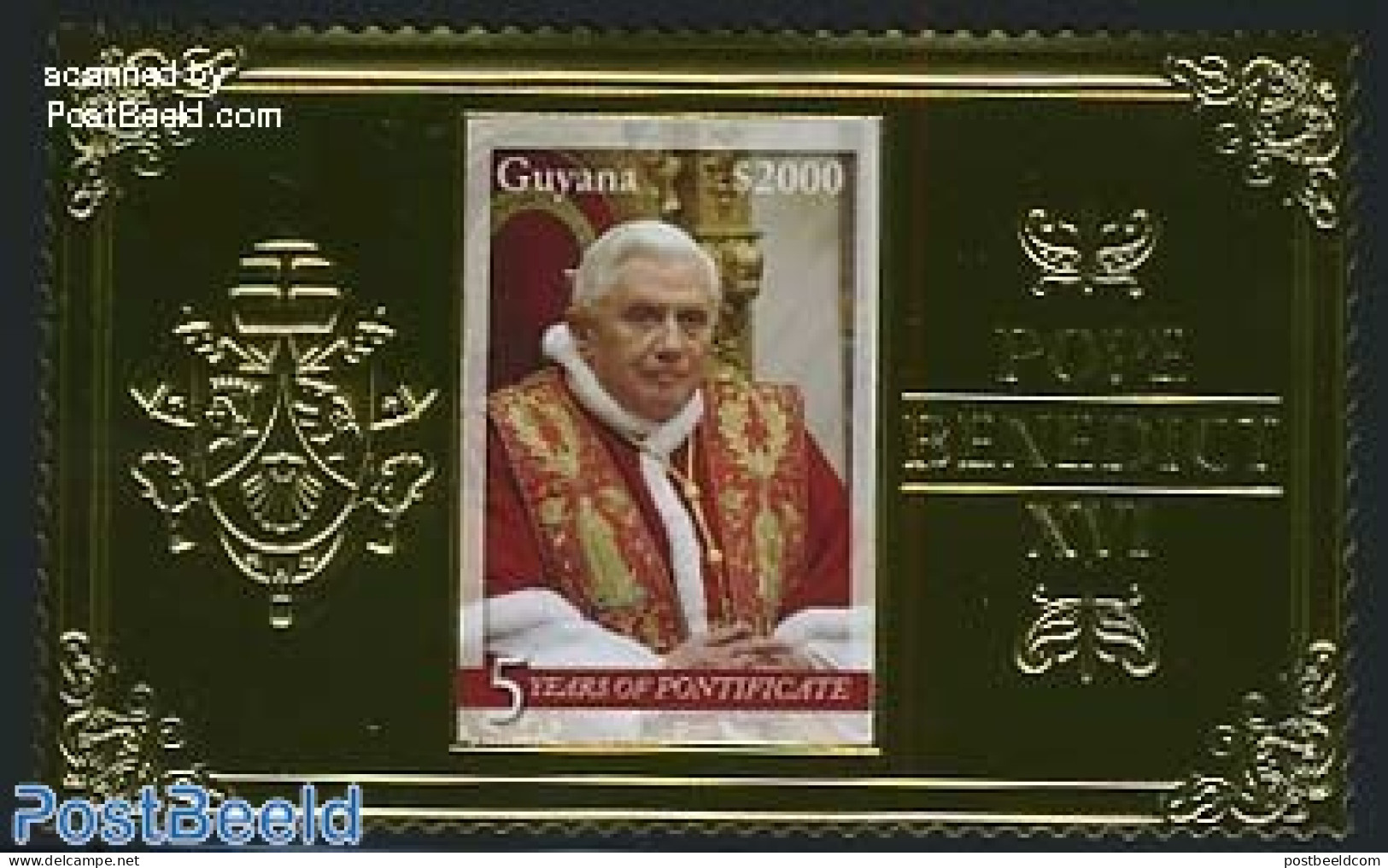 Guyana 2010 Pope Benedict XVI 1v, Gold, Mint NH, Religion - Pope - Papes