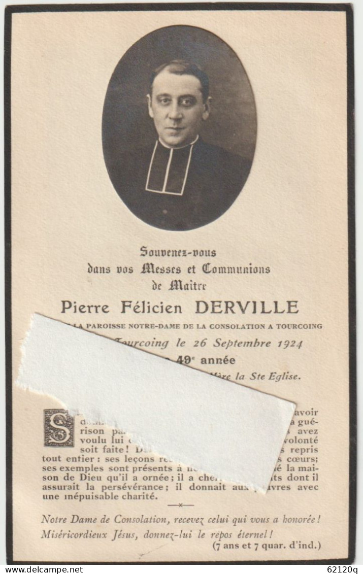 Image Mortuaire, Abbé Derville 1924 Curé De Tourcoing - Todesanzeige