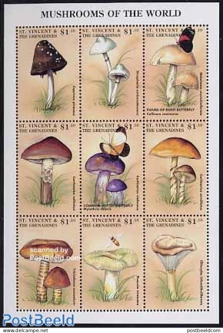 Saint Vincent 1998 Mushrooms 9v M/s, Mint NH, Nature - Butterflies - Mushrooms - Mushrooms