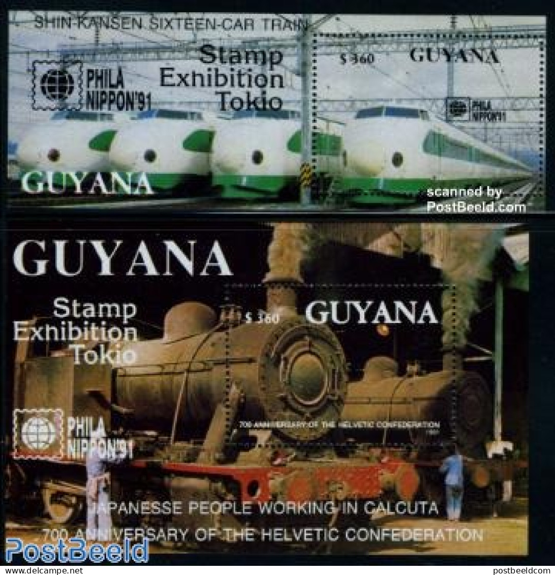 Guyana 1991 Philanippon 2 S/s, Mint NH, Transport - Railways - Trains
