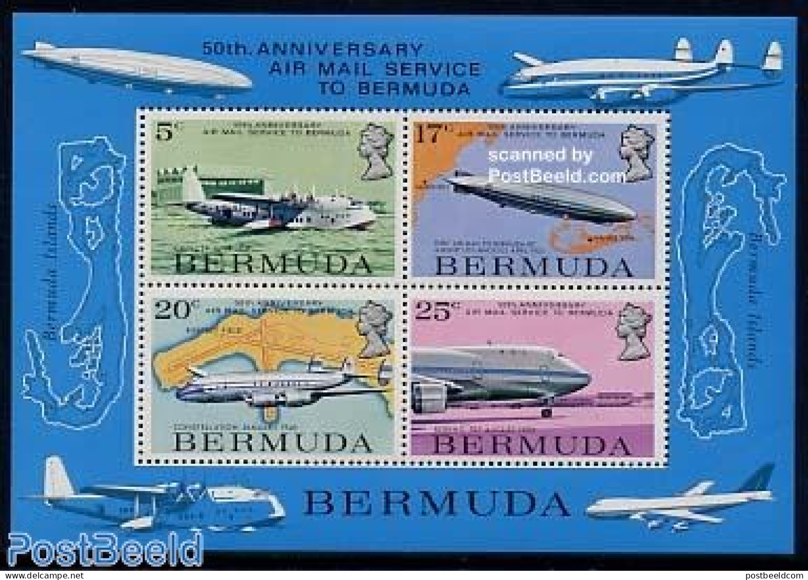 Bermuda 1975 Airmail Service S/s, Mint NH, Transport - Various - Post - Aircraft & Aviation - Zeppelins - Maps - Post