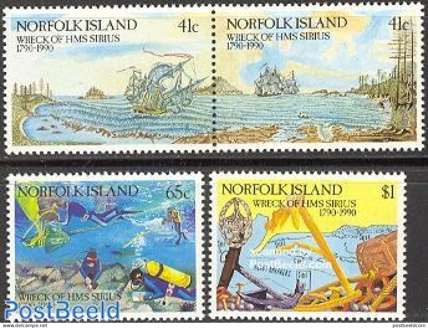 Norfolk Island 1990 HMS Sirius 4v (2v+[:]), Mint NH, History - Sport - Transport - Diving - Ships And Boats - Disasters - Duiken