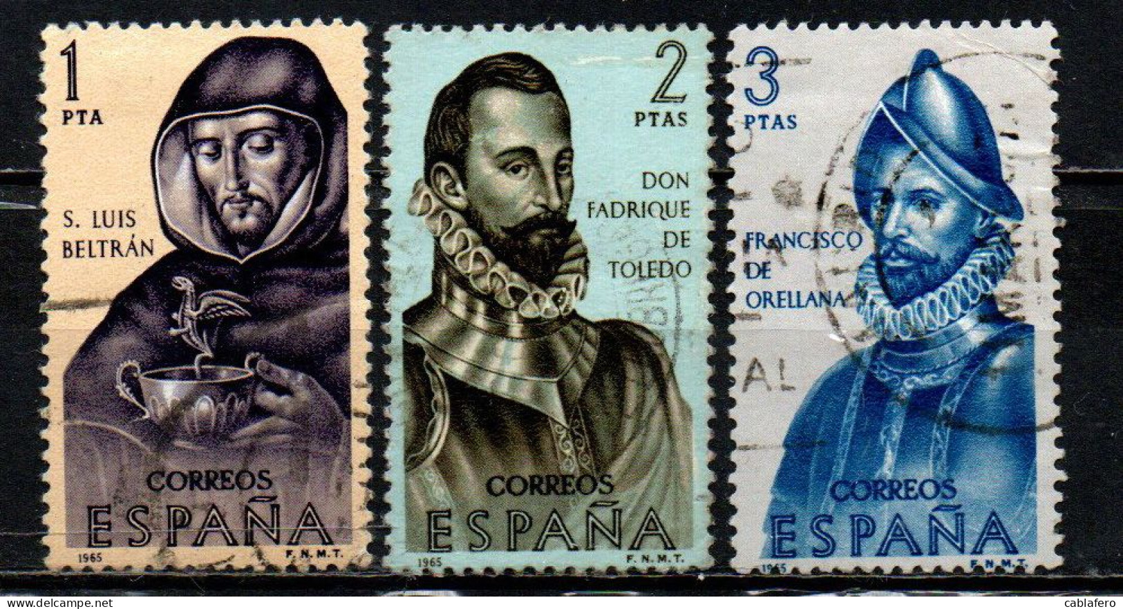 SPAGNA - 1965 - CONQUISTATORI DELL'AMERICA - S. LUIS BELTRAN, DON FABRIQUE DE TOLEDO, FRANCISCO DE ORELLANA - USATI - Used Stamps