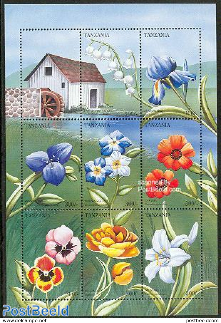 Tanzania 1996 Garden Flowers 9v M/s, Mint NH, Nature - Various - Flowers & Plants - Mills (Wind & Water) - Molens