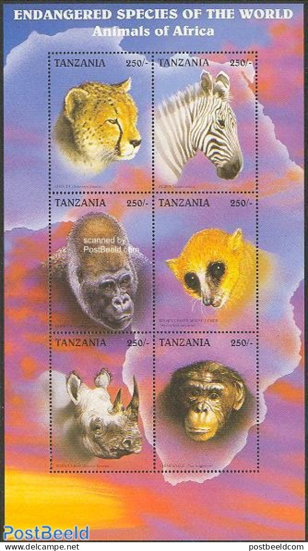 Tanzania 1997 Animals Of Africa 6v M/s, Mint NH, Nature - Animals (others & Mixed) - Cat Family - Monkeys - Rhinoceros.. - Tansania (1964-...)