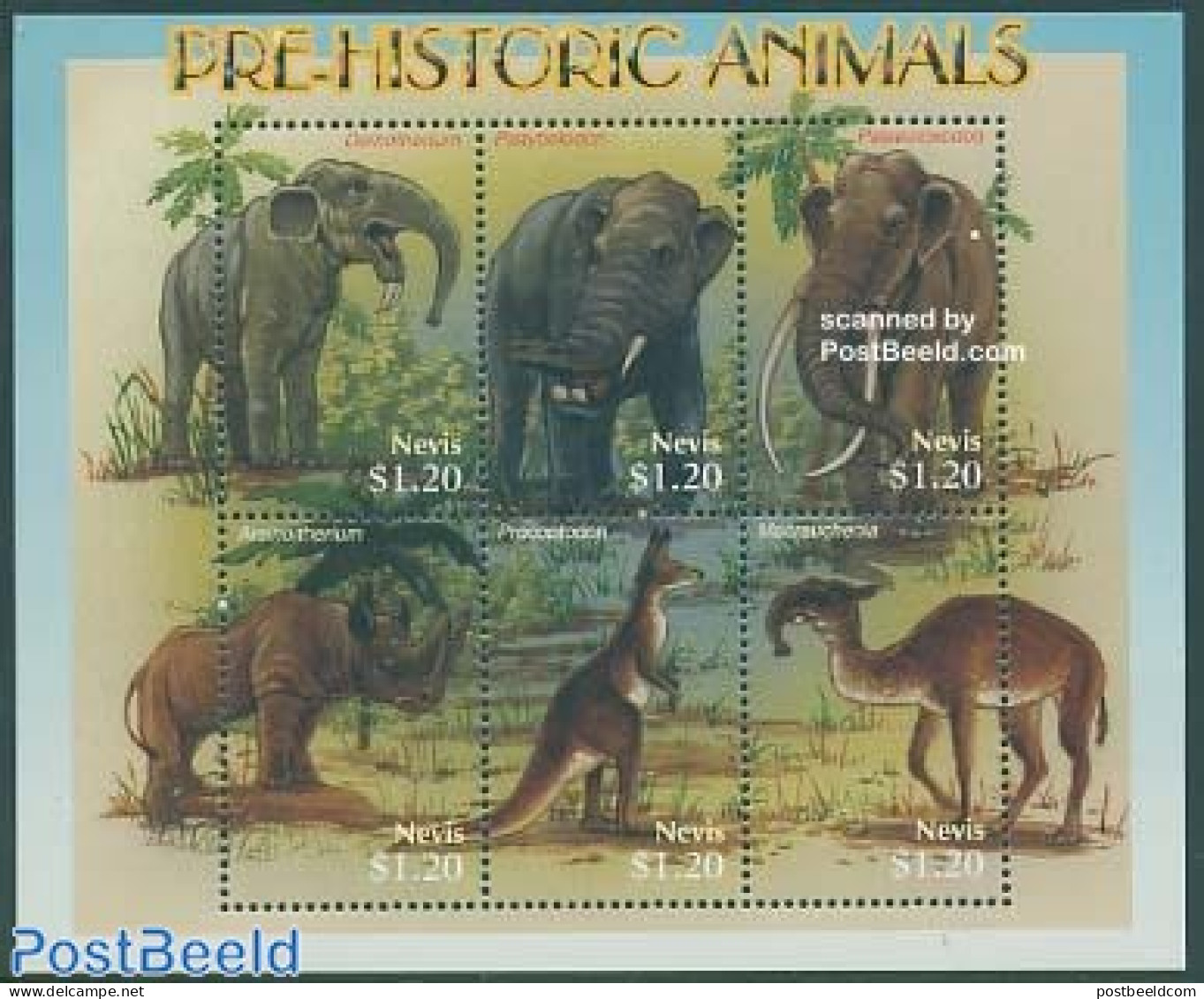 Nevis 2005 Prehistoric Animals 6v M/s, Deinotherium, Mint NH, Nature - Elephants - Prehistoric Animals - Rhinoceros - Préhistoriques