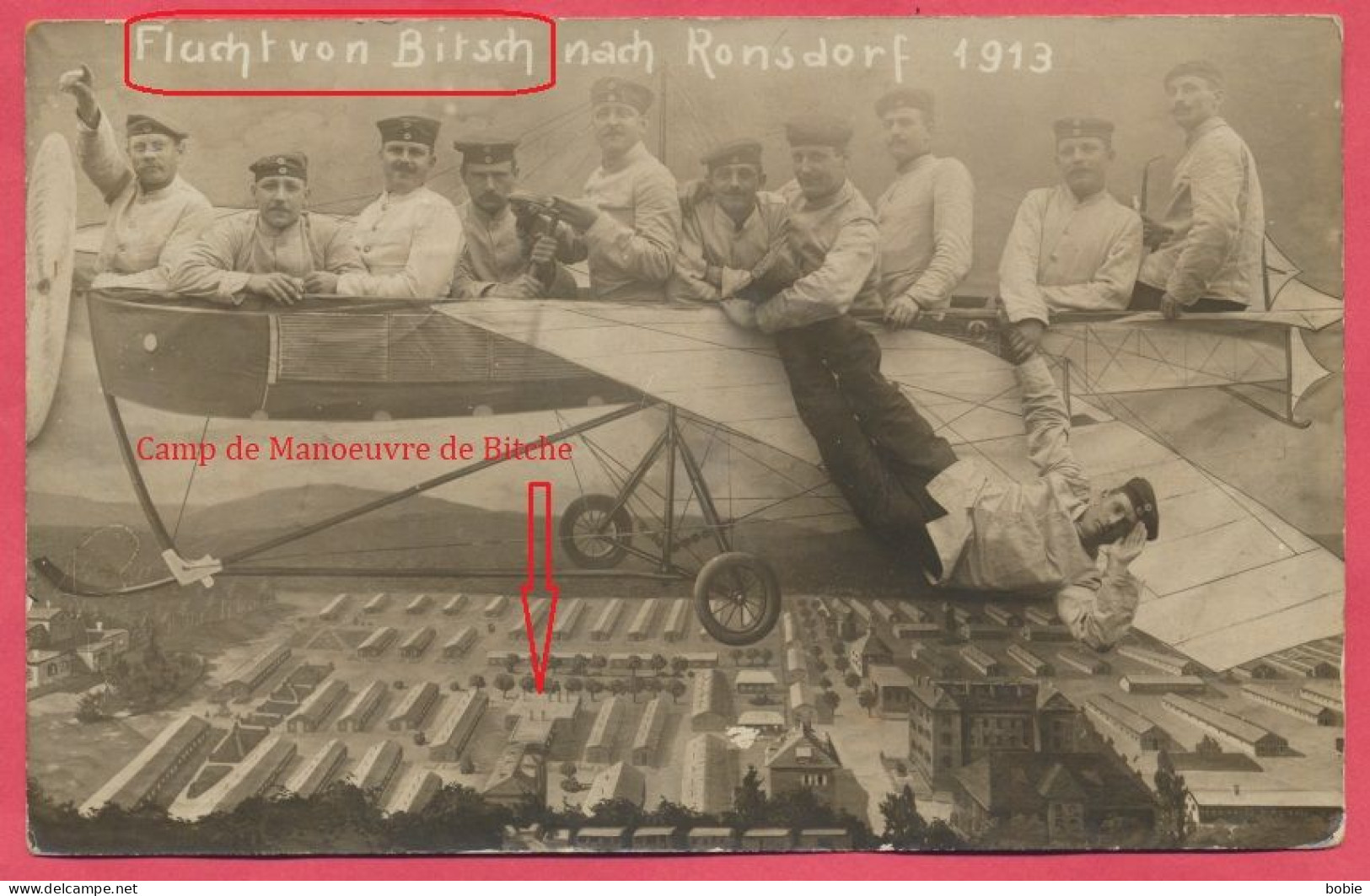 Bitche : Carte Photo Montage En Studio - En Avion Au Dessus Du Camp Retour Des Sold. Allemands à Ronsdorf Wuppertal 1913 - Bitche