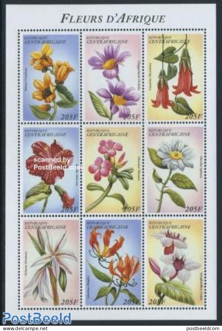 Central Africa 1997 Flowers 9v M/s, Mint NH, Nature - Flowers & Plants - Centraal-Afrikaanse Republiek