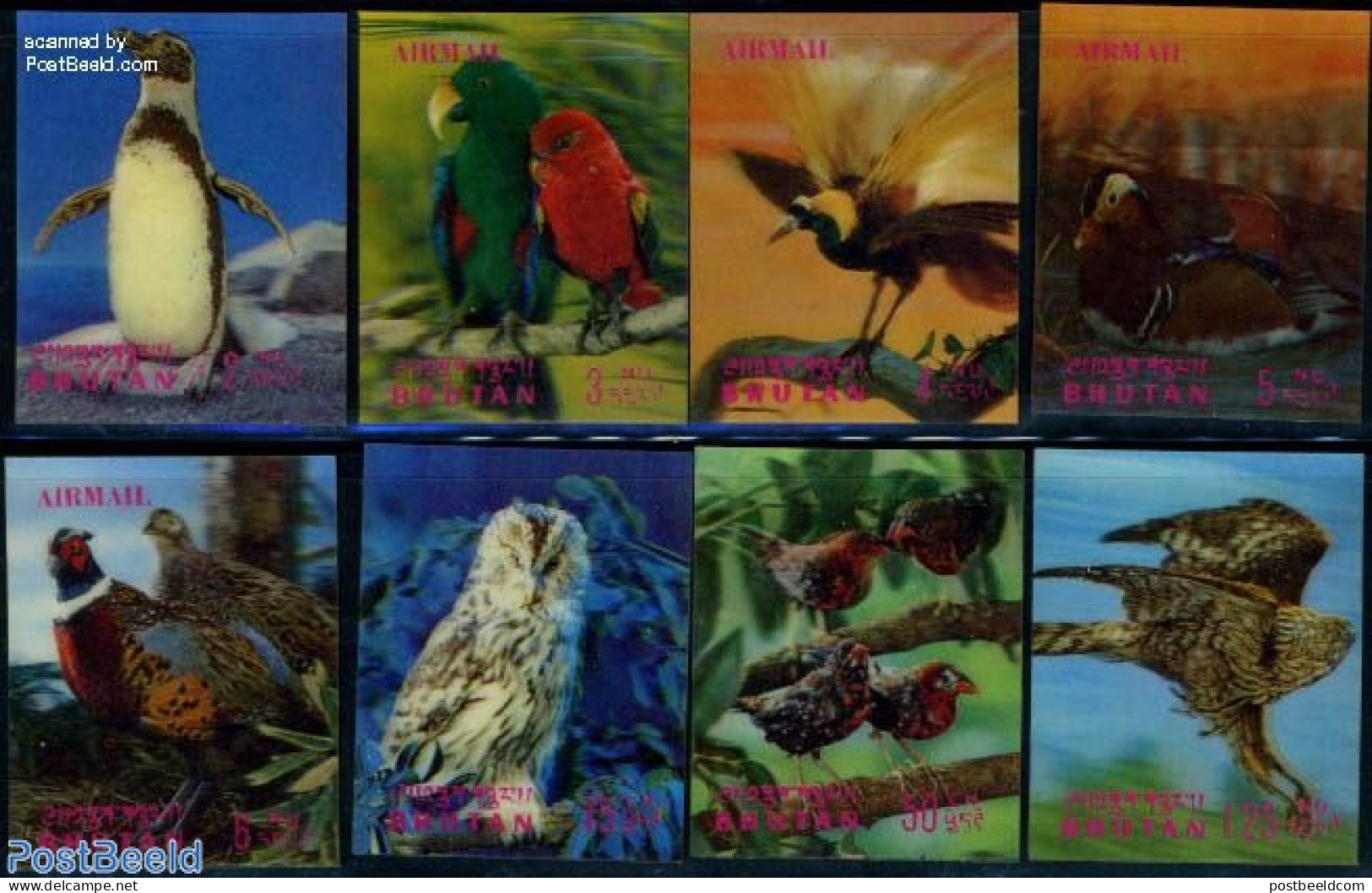 Bhutan 1969 Birds 8v, Mint NH, Nature - Various - Birds - Owls - Penguins - 3-D Stamps - Unclassified
