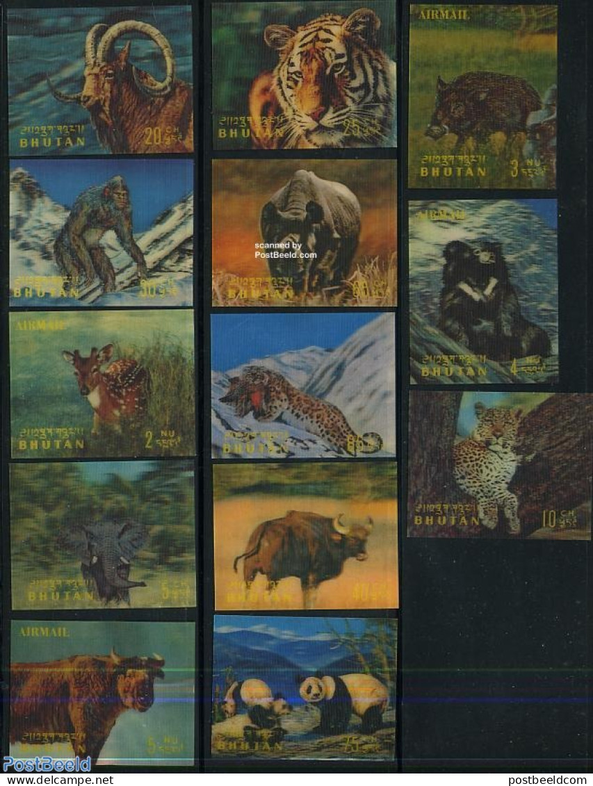 Bhutan 1970 Animals 13v, Mint NH, Nature - Various - Animals (others & Mixed) - Bears - Cat Family - Elephants - 3-D S.. - Unclassified