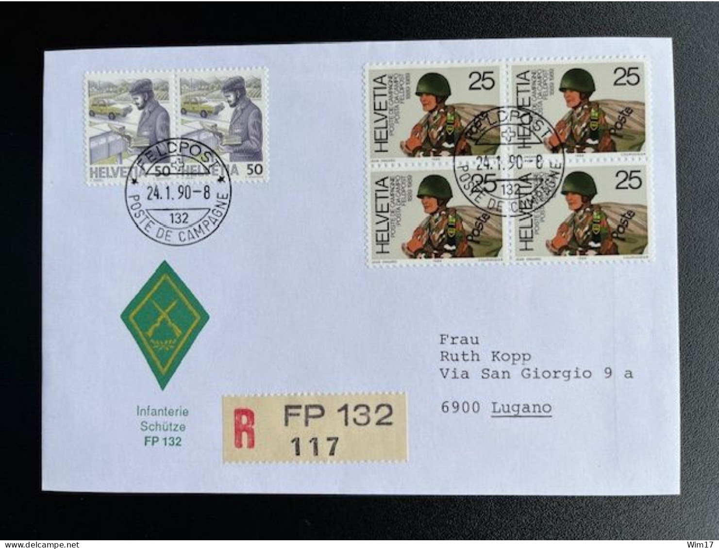 SWITZERLAND 1990 REGISTERED COVER FIELDPOST TO LUGANO 24-01-1990 SUISSE SCHWEIZ EINSCHREIBEN RECOMMANDE FELDPOST - Cartas & Documentos