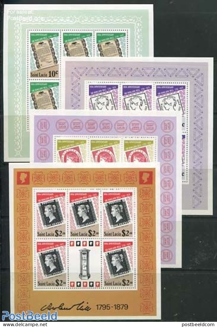 Saint Lucia 1979 Sir Rowland Hill 4 M/s, Mint NH, Stamps On Stamps - Postzegels Op Postzegels