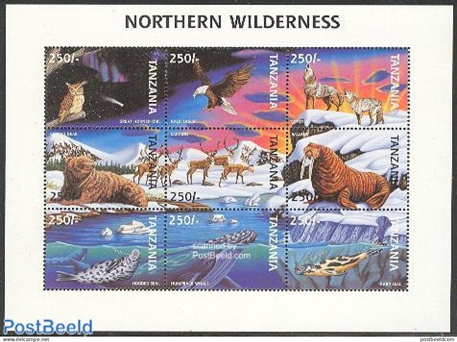Tanzania 1997 Northern Wilderness 9v M/s, Mint NH, Nature - Animals (others & Mixed) - Bears - Owls - Sea Mammals - Tanzanie (1964-...)