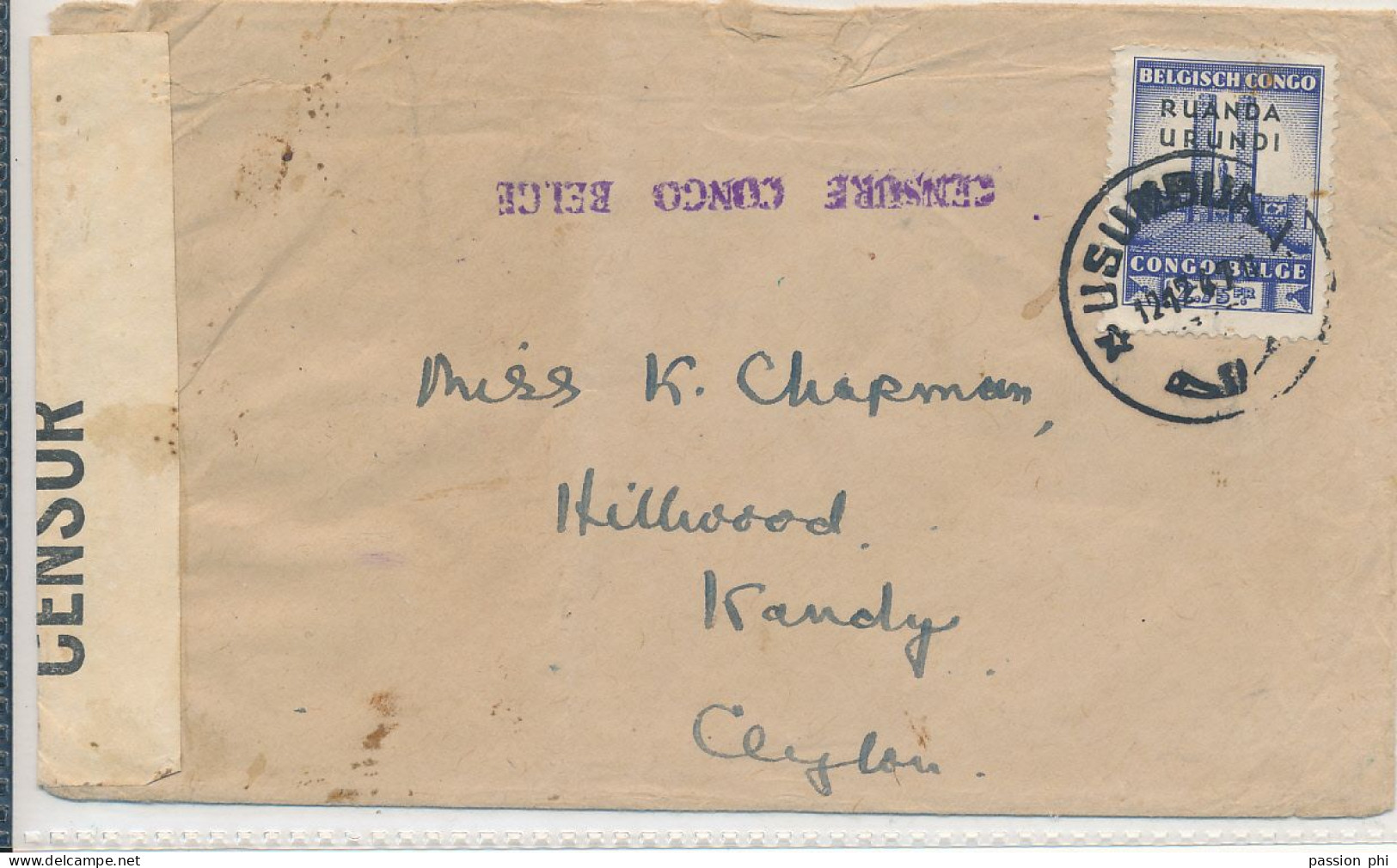 RUANDA URUNDI CENSORED COVER FROM USUMBURA 12.12.41 TO KANDY CEYLON (SRI LANKA) - Brieven En Documenten