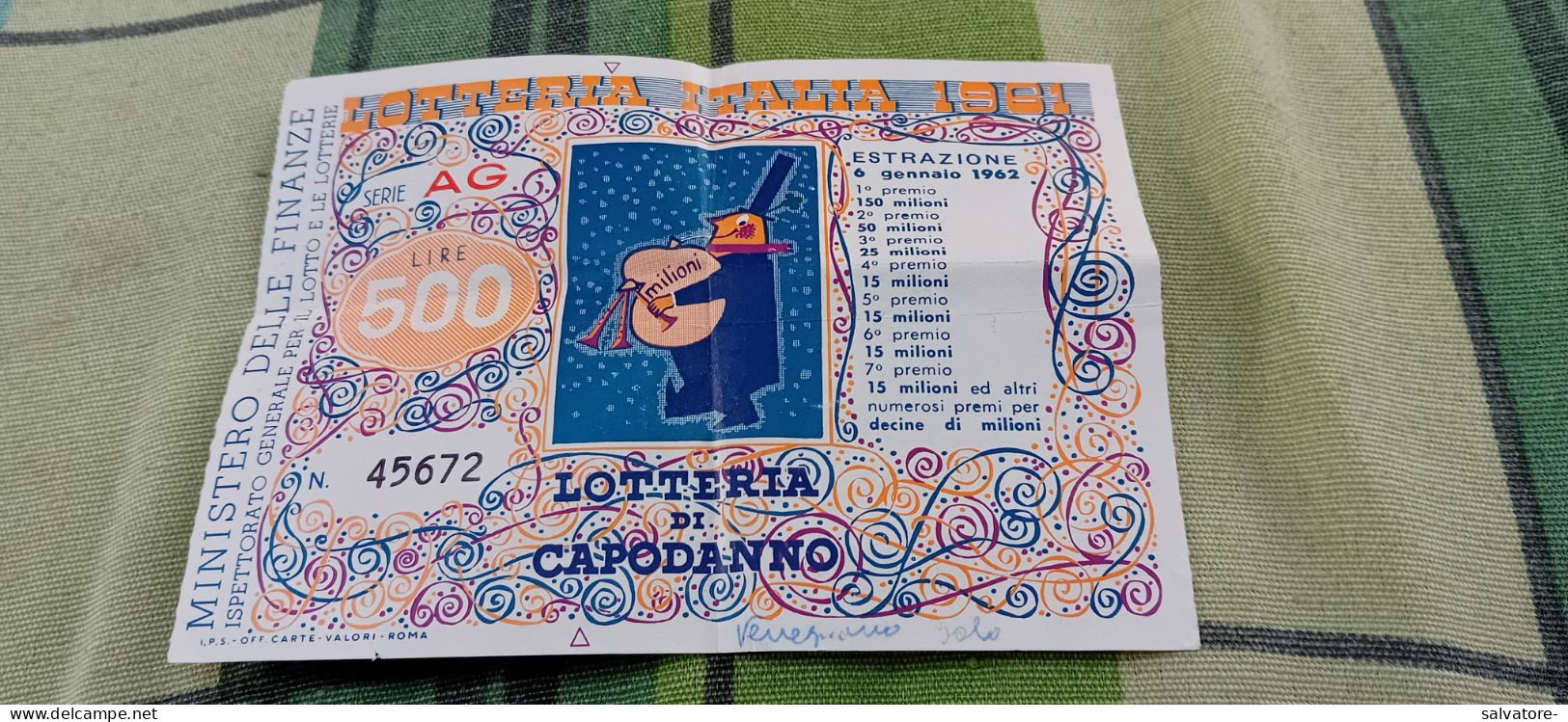 BIGLIETTO LOTTERIA AGNANO 1962 - Billets De Loterie