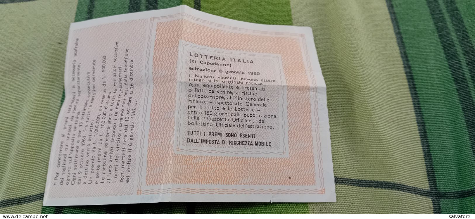 BIGLIETTO LOTTERIA AGNANO 1962 - Lottery Tickets