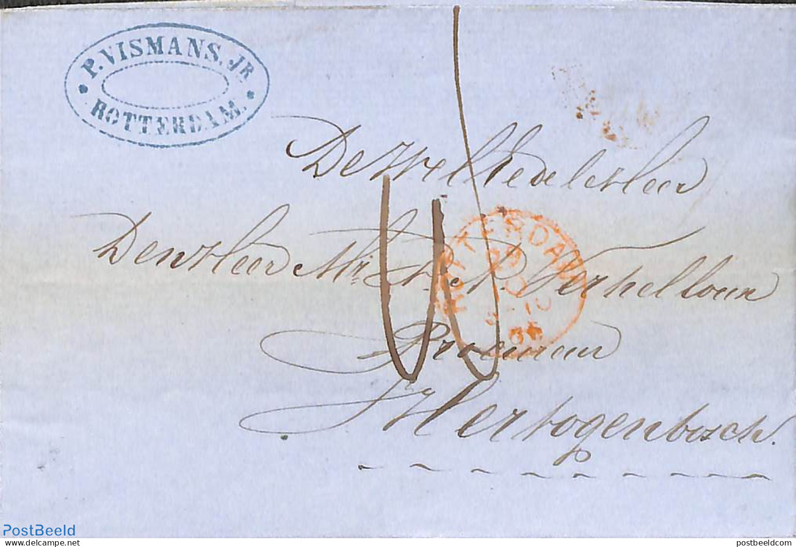 Netherlands 1865 Folded Cover From Rotterdam To S Hertogenbosch, Seamail: P.vismans.Jr.Rotterdam, Postal History - Covers & Documents