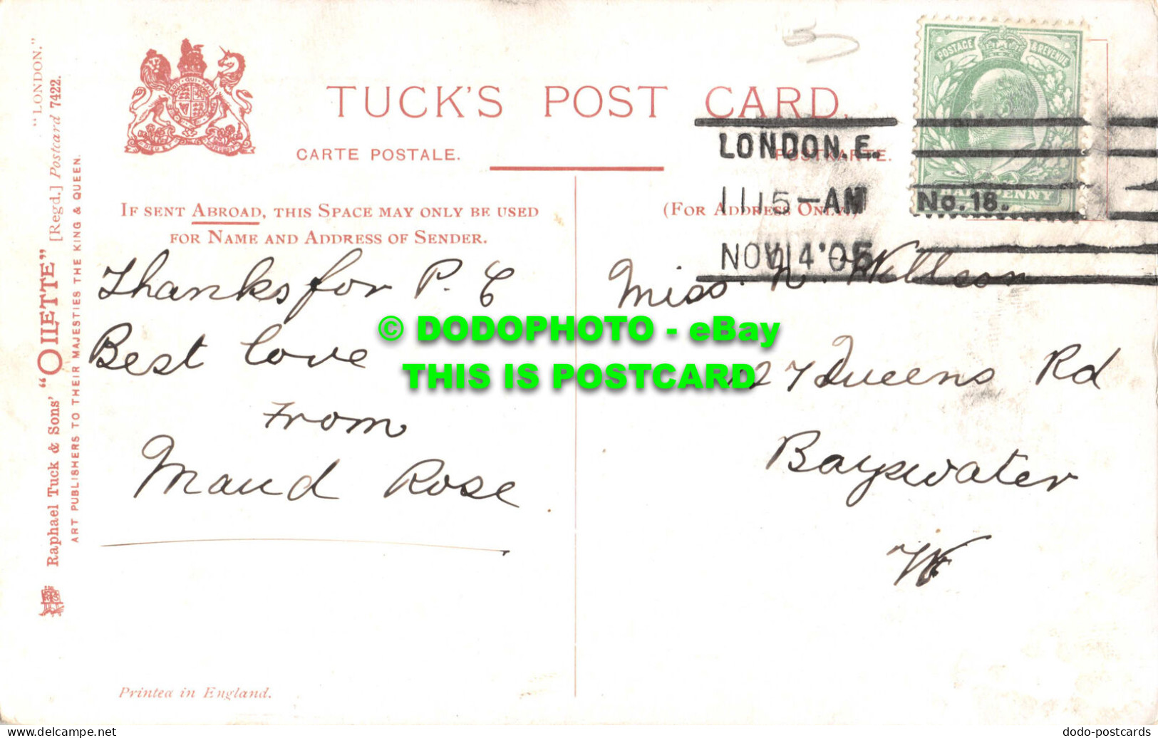 R540483 London. Cleopatra Needle. Tuck. Oilette. Postcard 7422. 1905 - Otros & Sin Clasificación