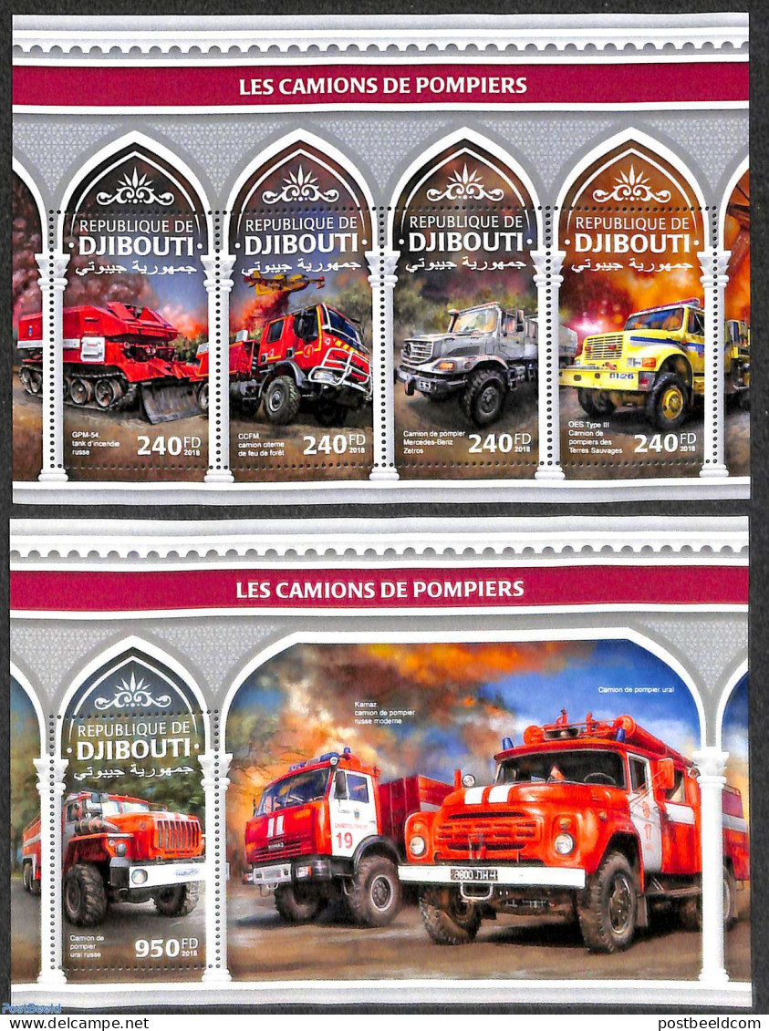 Djibouti 2018 Fire Engines 2 S/s, Mint NH, Transport - Automobiles - Fire Fighters & Prevention - Auto's