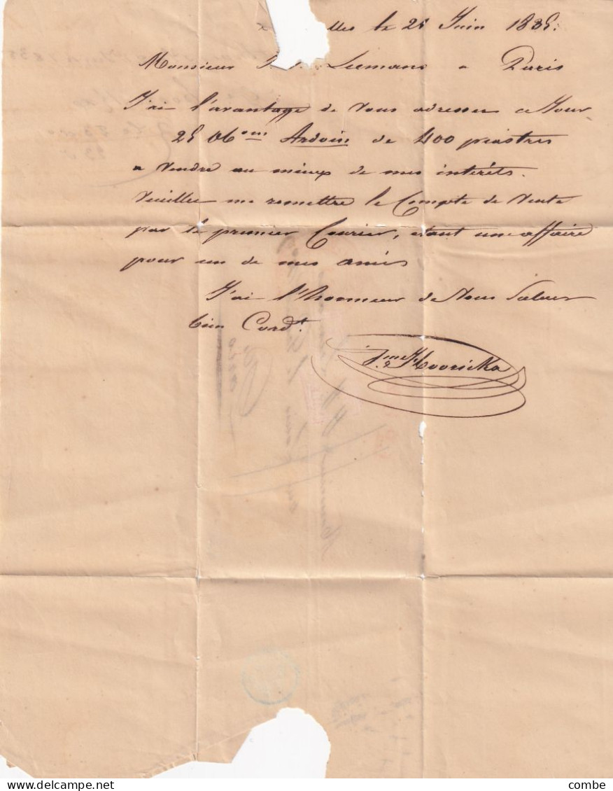 LETTRE. 2 JUIN 1838. BRUXELLES POUR PARIS. BELGIQUE PAR VALENCIENNES. L.P.B.2.R.. TAXE 11. SIGNÉE HOORICKA - 1801-1848: Precursori XIX