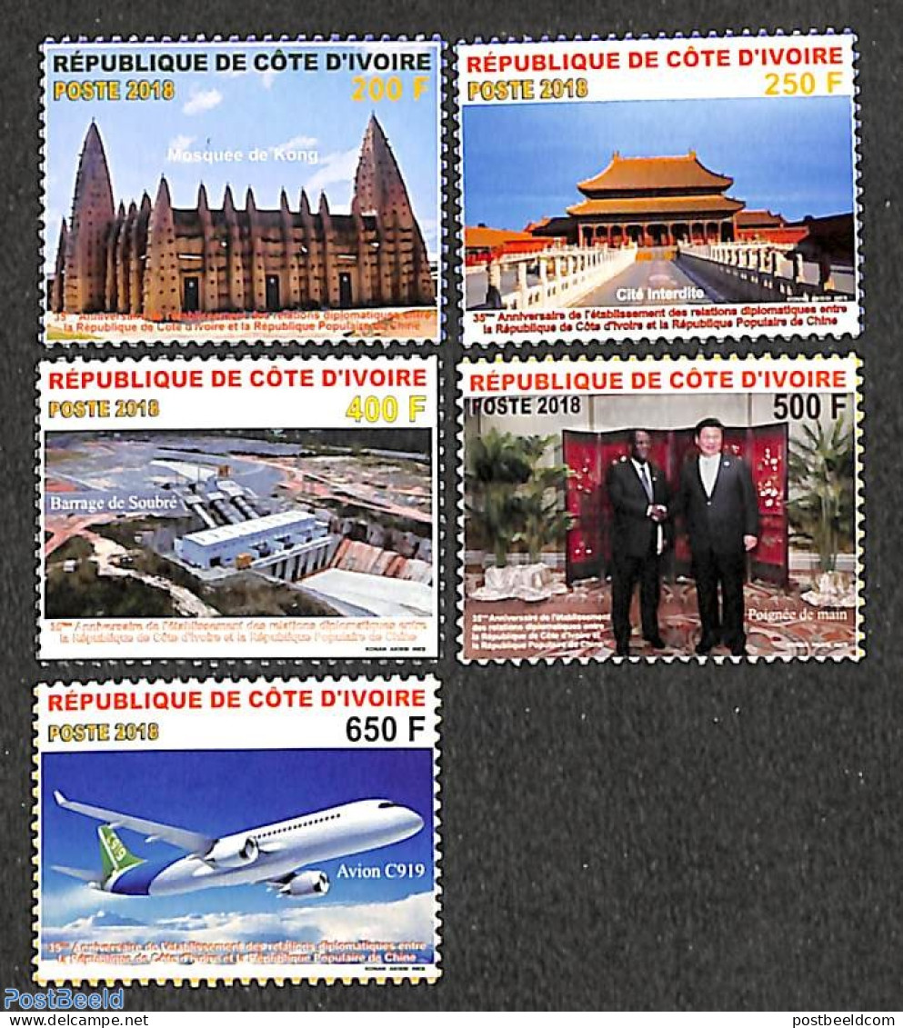 Ivory Coast 2018 Diplomatic Relations With China 5v, Mint NH, Nature - Transport - Water, Dams & Falls - Aircraft & Av.. - Nuevos