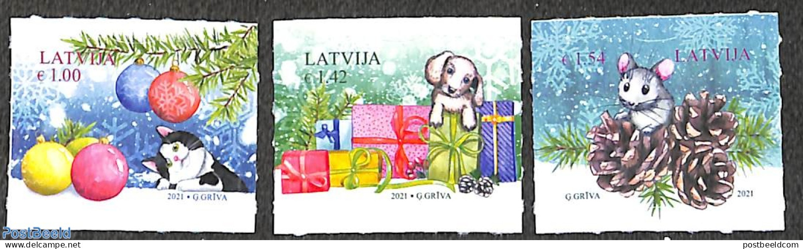 Latvia 2021 Christmas 3v S-a, Mint NH, Nature - Religion - Cats - Dogs - Christmas - Weihnachten
