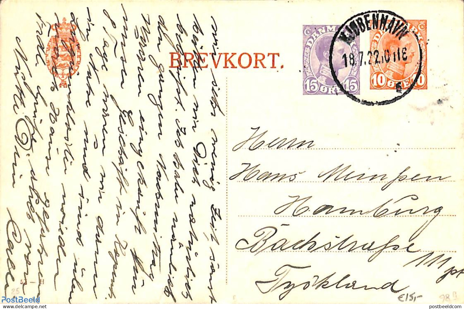 Denmark 1922 Postcard 15+10o, Used, Used Postal Stationary - Briefe U. Dokumente
