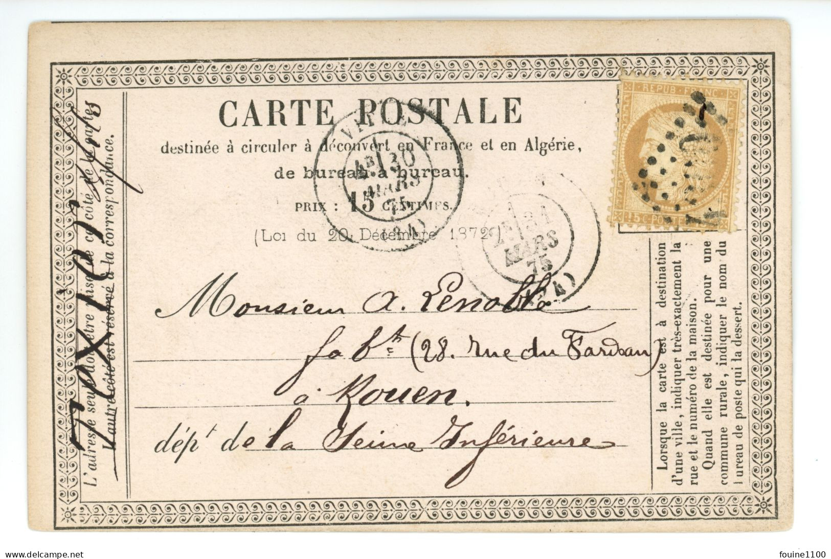 CARTE PRECURSEUR Ingénieur Mécanicien TENIER à VITRE 35 / Pour LENOBLE Fabricant à ROUEN Année 1875 - 1849-1876: Période Classique