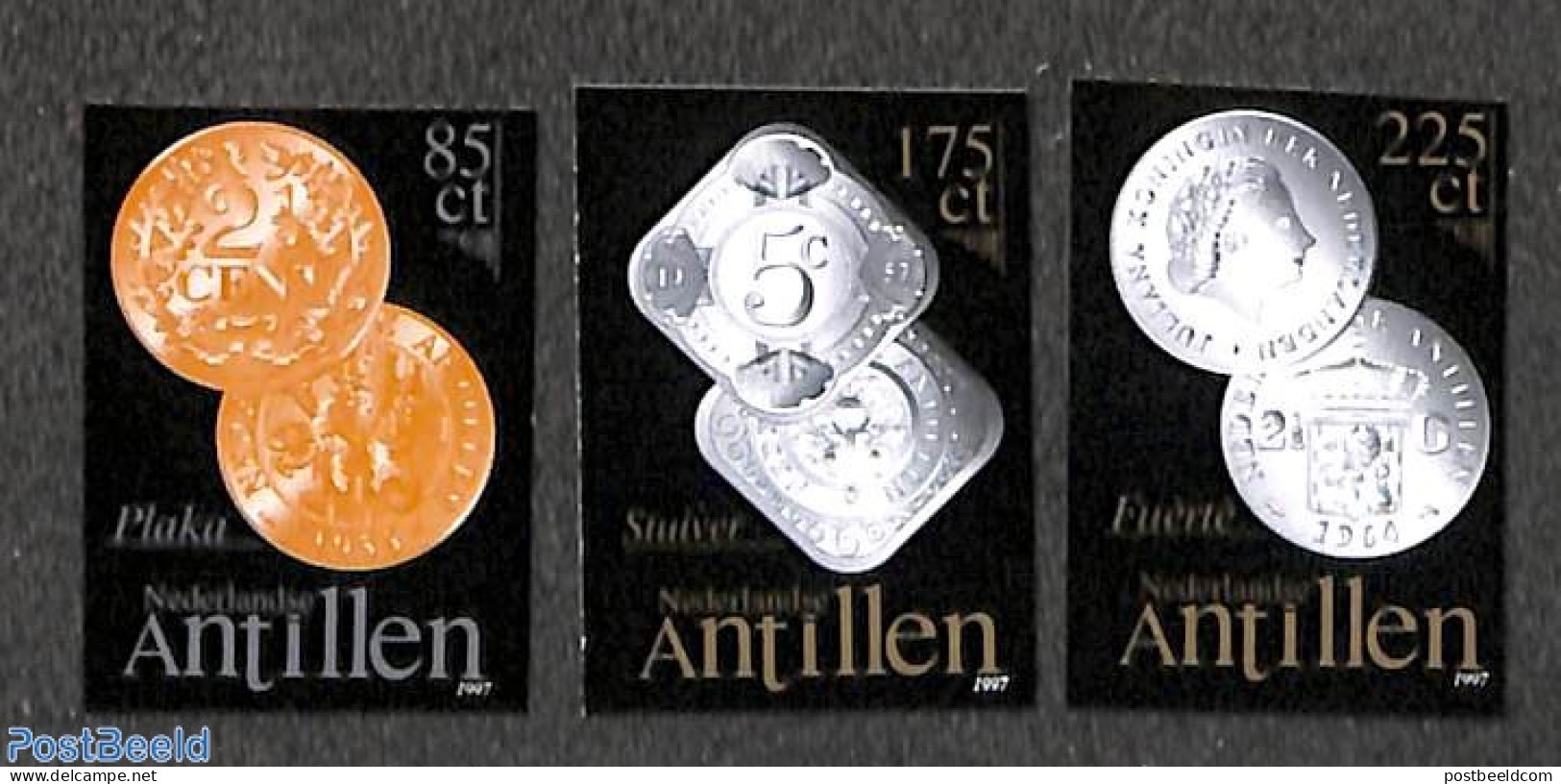 Netherlands Antilles 1997 Coins 3v, Imperforated, Mint NH, Various - Money On Stamps - Monete