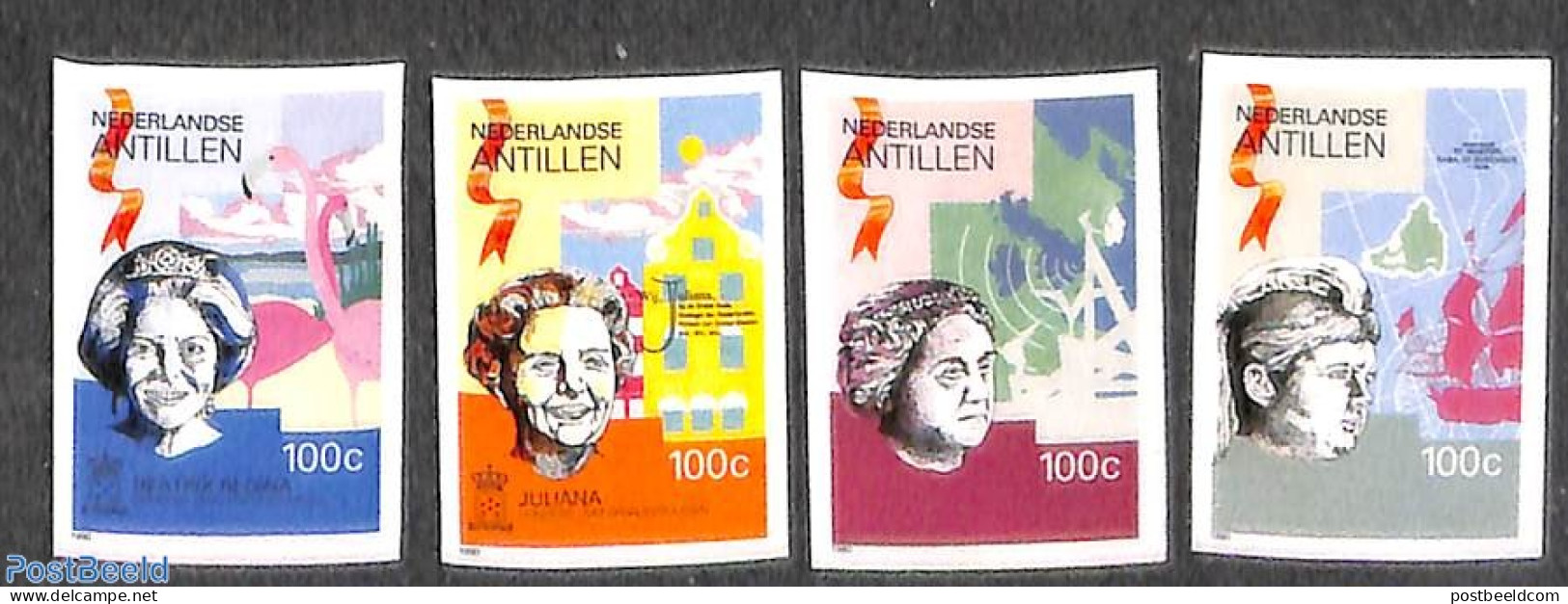 Netherlands Antilles 1990 100 Years Queens 4v, Imperforated, Mint NH, History - Kings & Queens (Royalty) - Royalties, Royals