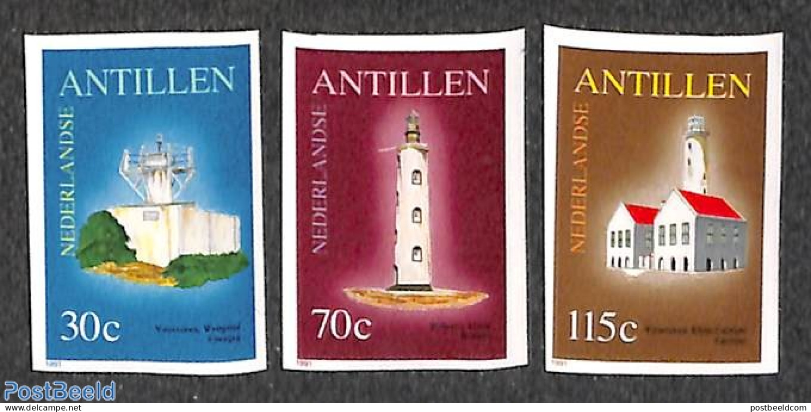 Netherlands Antilles 1991 Lighthouses 3v, Imperforated, Mint NH, Various - Lighthouses & Safety At Sea - Leuchttürme