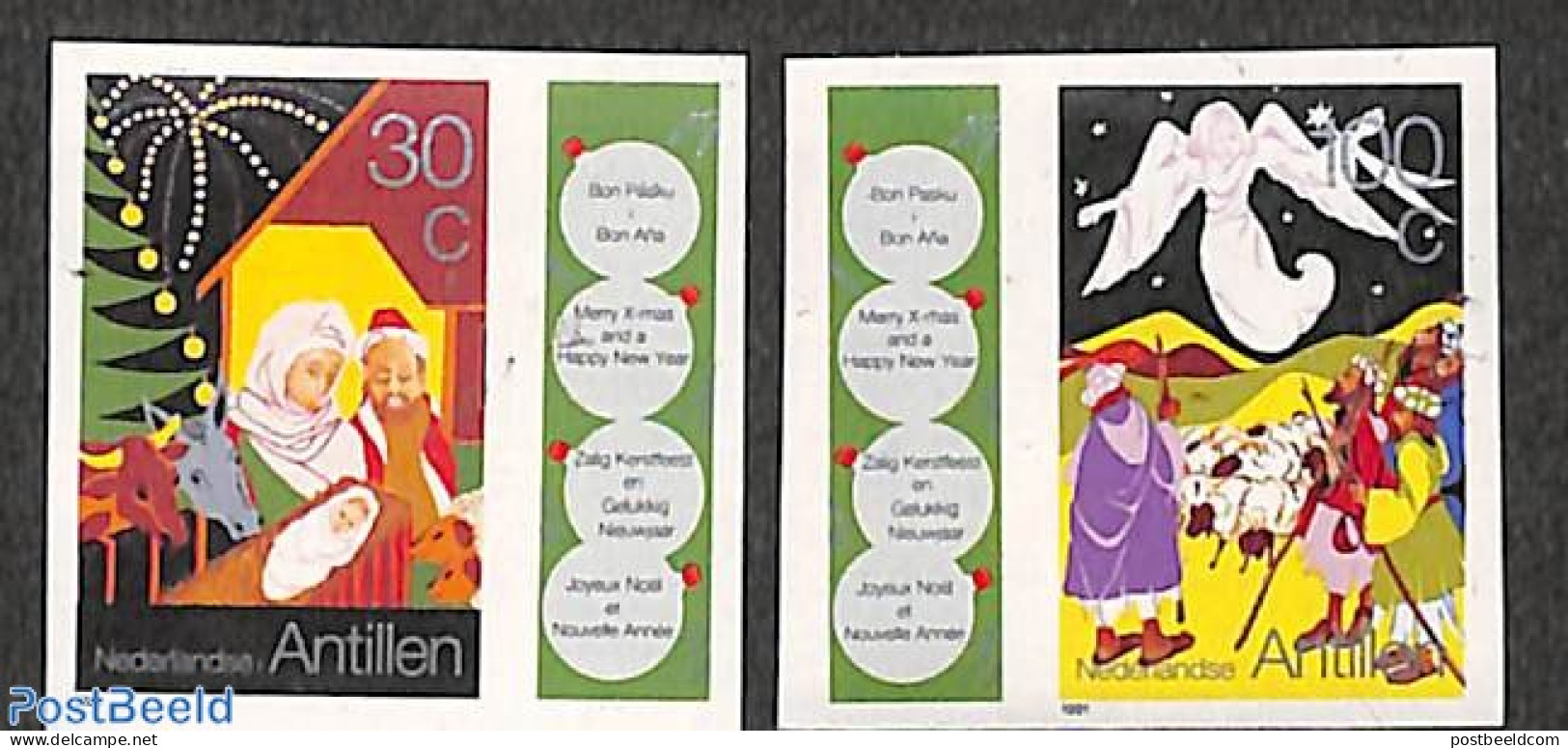 Netherlands Antilles 1991 Christmas 2v, Imperforated, Mint NH, Religion - Christmas - Weihnachten