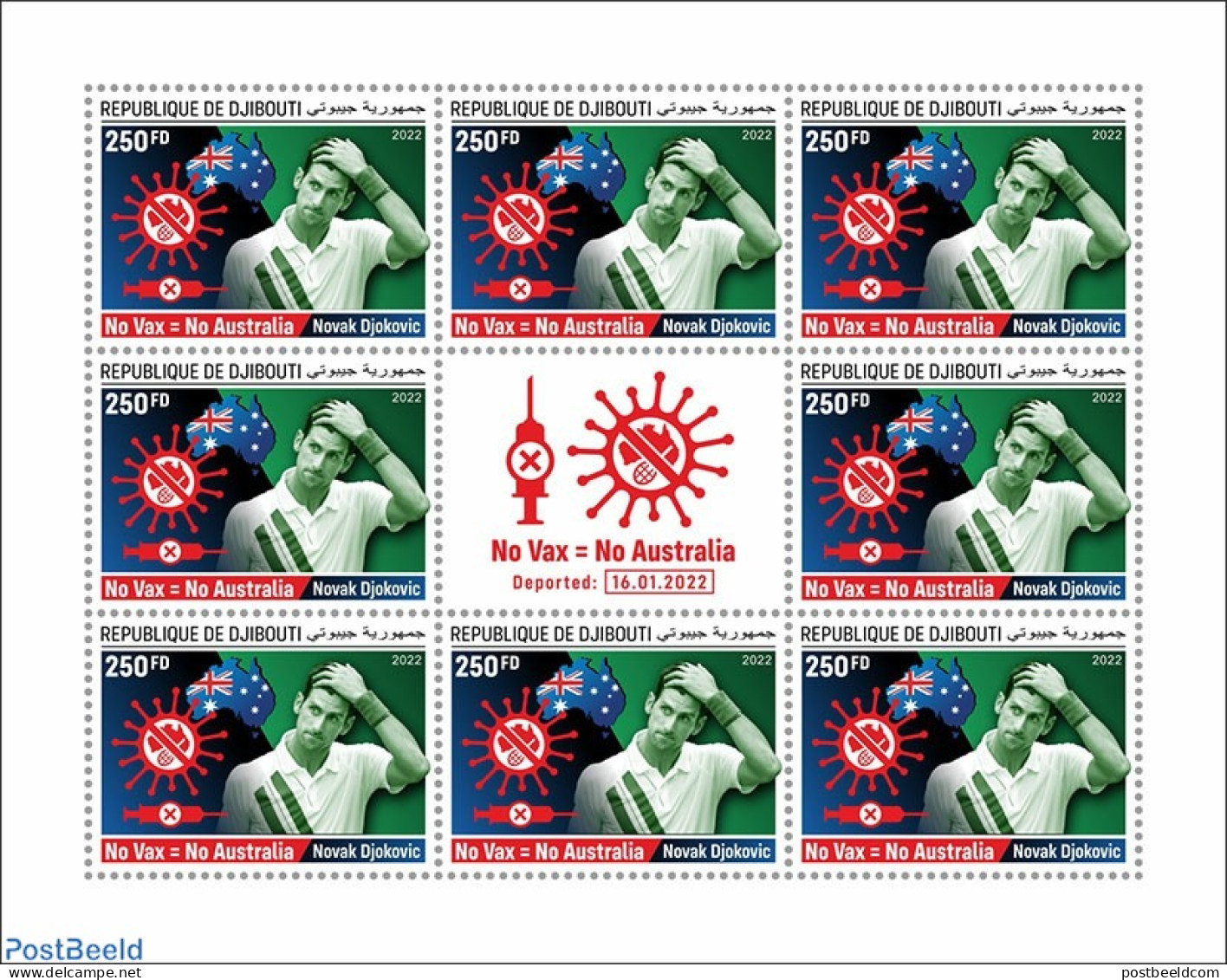 Djibouti 2022 Brand New Djibouti Post Stamp Issue (24.01.2022) On Novak Djokovic’s Deportation From Australia (16.01.. - Tenis