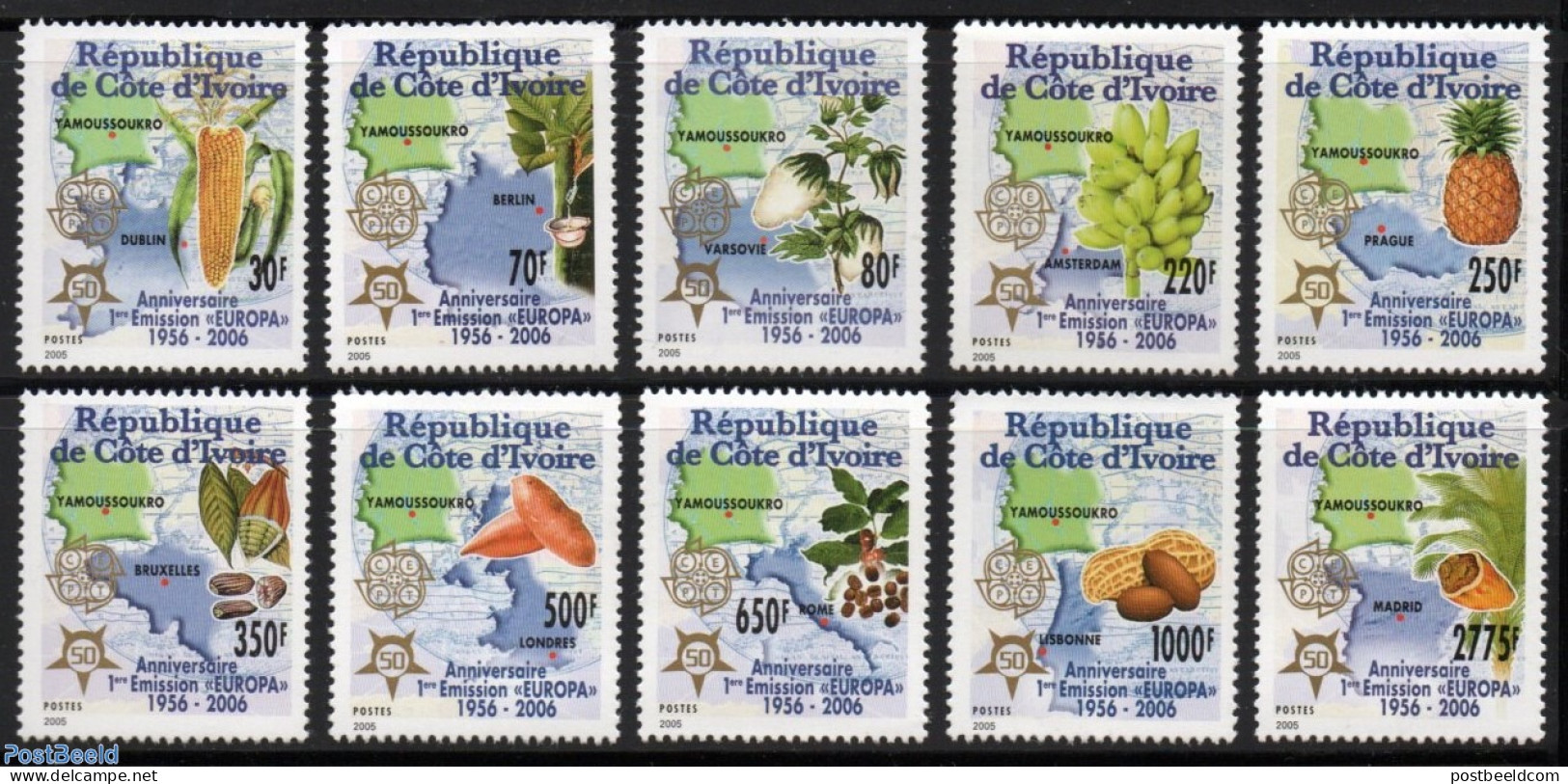 Ivory Coast 2005 50 Years Europa Stamps 10v, Mint NH, History - Nature - Various - Europa Hang-on Issues - Fruit - Maps - Ungebraucht