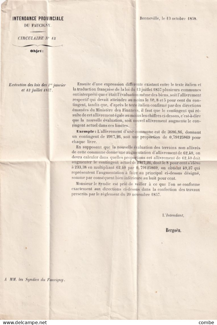 LETTRE. BONNEVILLE. 13 OCT 1858. SAVOIE. GRIFFE VERTE INTENDANT DE FAUCIGNY. SIGNÉE BERGOËN - 1849-1876: Periodo Classico